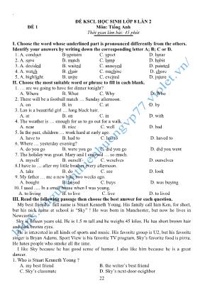 15 Đề khảo sát chất lượng học sinh môn Tiếng Anh Lớp 8 lần 2